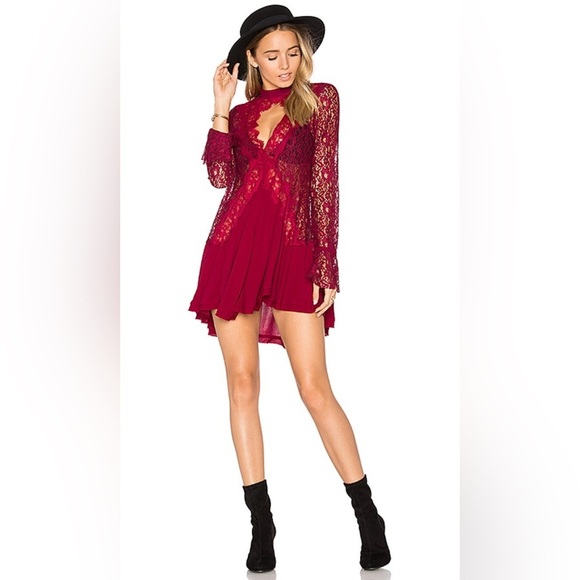 Free People Tell Tale Lace Tunic Dress in Raspberry Size XS - Picture 1 of 14